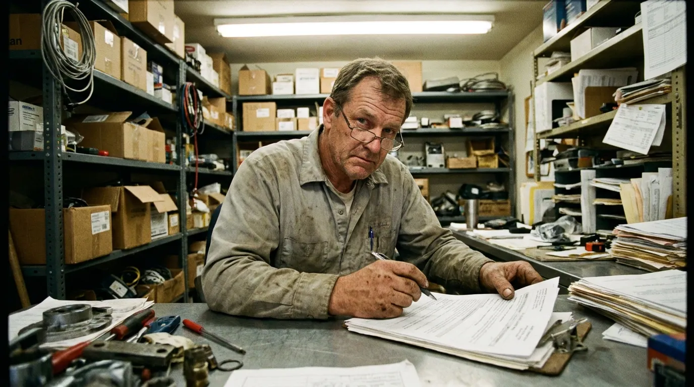 A shop owner at a cluttered parts-room desk reads a paper contract through reading glasses.