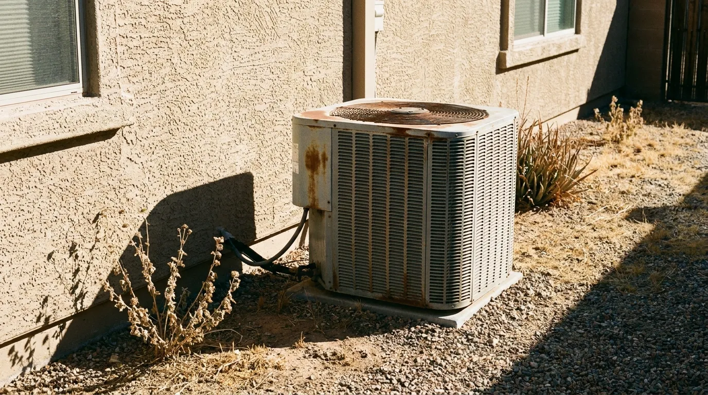 A weathered air-conditioning unit beside a stucco house in bright desert sunlight.
