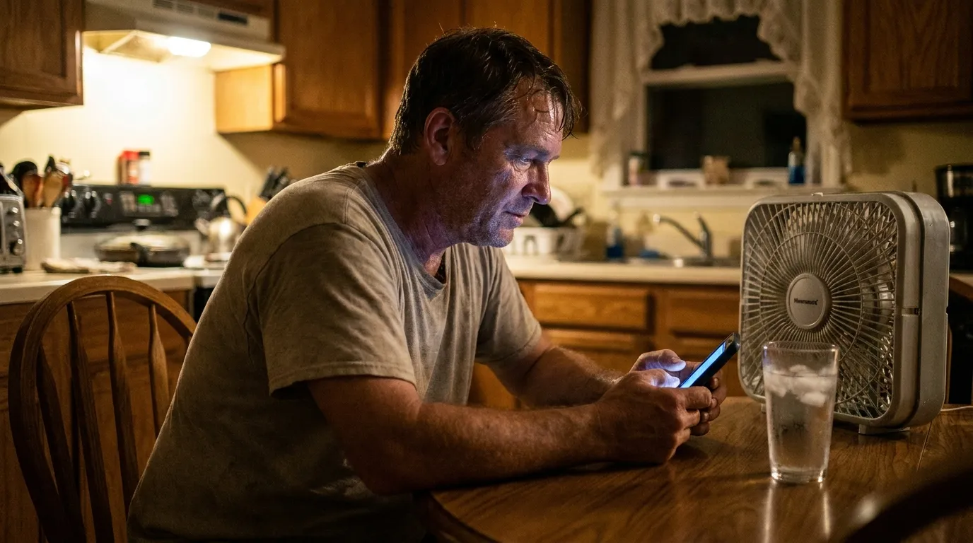 A homeowner sits at a kitchen table at night in front of a box fan, searching on a phone.