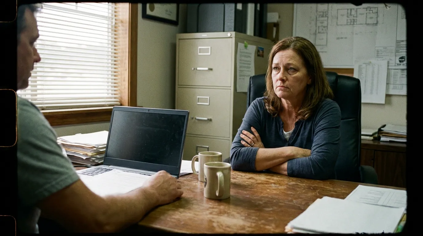 A skeptical business owner listens with arms folded across a desk during a sales meeting.