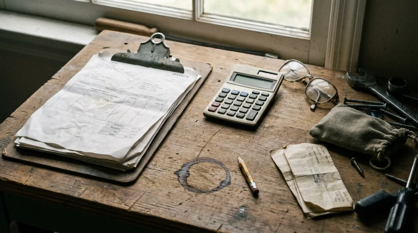 Invoices on a clipboard beside a calculator and reading glasses on a worn workbench.