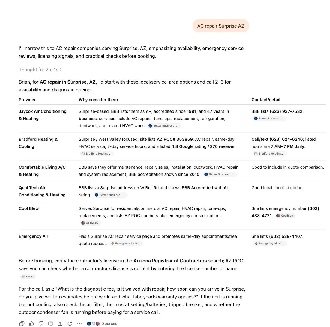 ChatGPT's Surprise, AZ answer — six providers with BBB and own-website citations