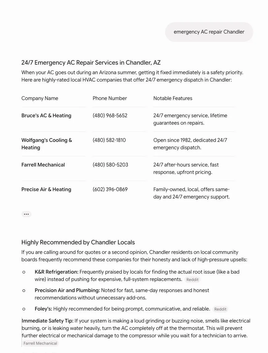 Gemini's Chandler answer — a phone-number table plus community favorites pulled from Reddit